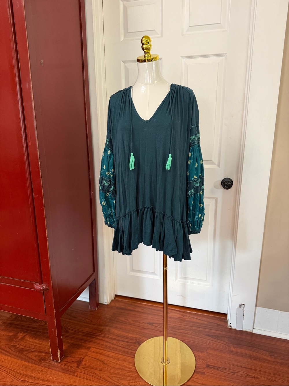 Free People Teal Green Embroidered Long Sleeve Boho Tunic